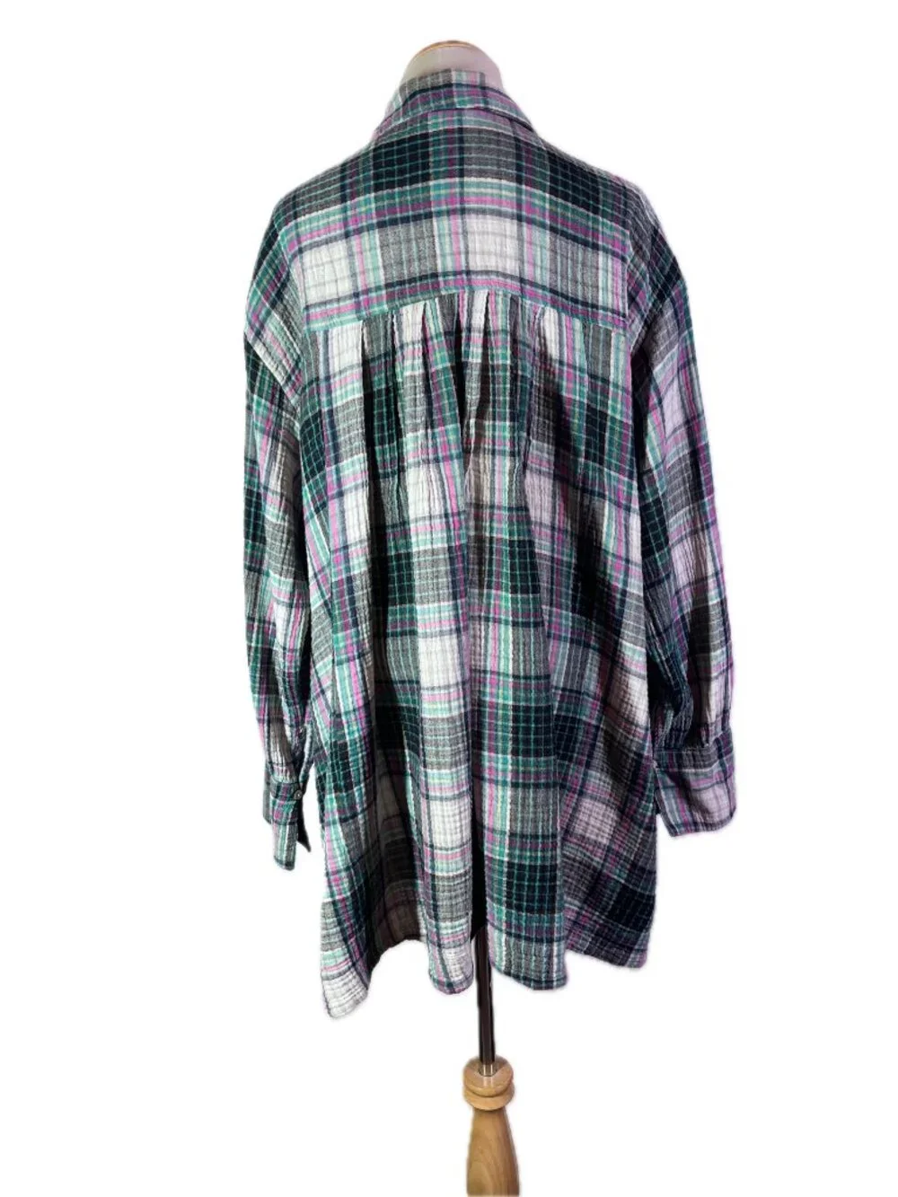 Free People XL The Voyage Shirt Dress Gauze Plaid Button-Up Long Sleeve Pockets